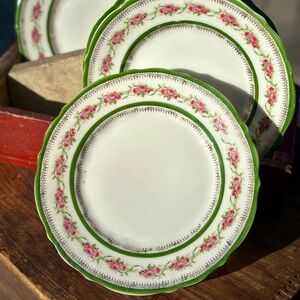 5 Vintage Floral Green and Pink Gold Gilt 7.5 inch Plates